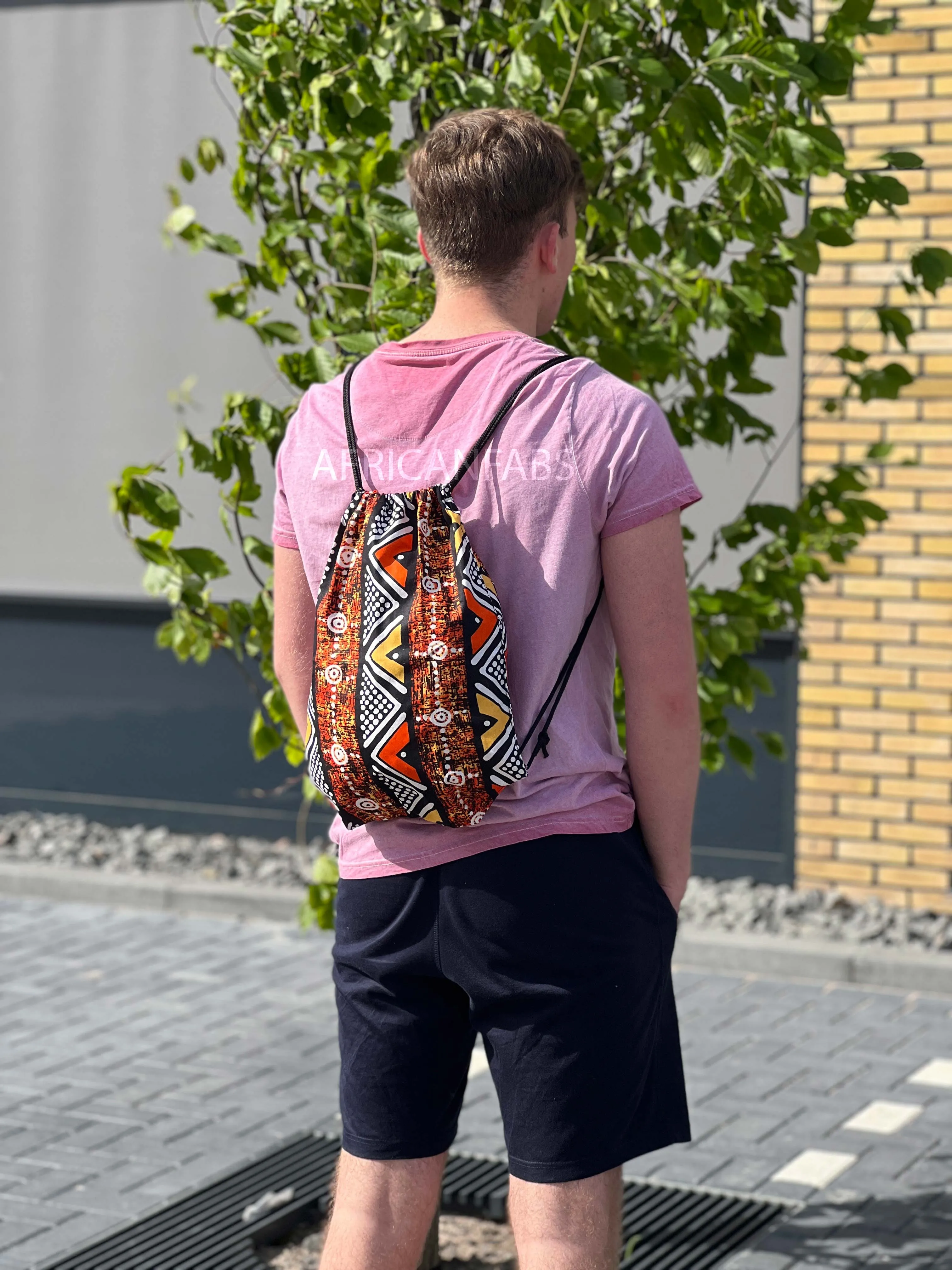 African Print Drawstring Bag / Gym Sack / School bag / Ankara Backpack / Festival Bag - Orange / white Bogolan