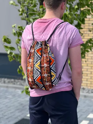 African Print Drawstring Bag / Gym Sack / School bag / Ankara Backpack / Festival Bag - Orange / white Bogolan