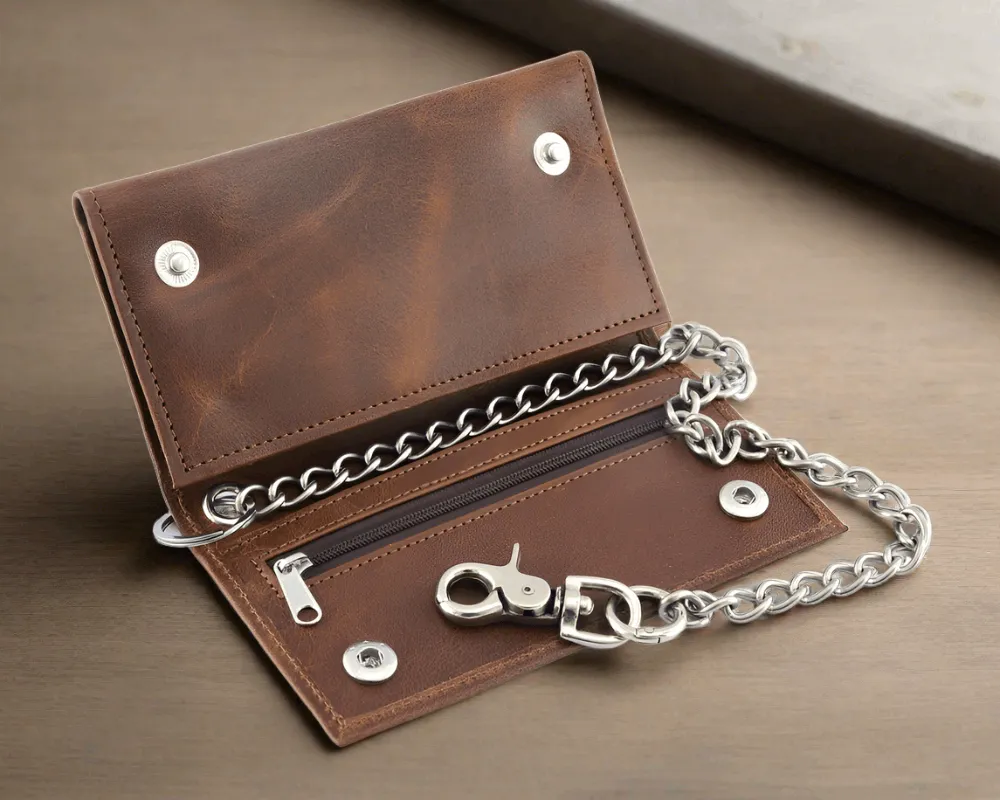 BWC234 Brown Long Bi-Fold Biker Leather Chain Wallet