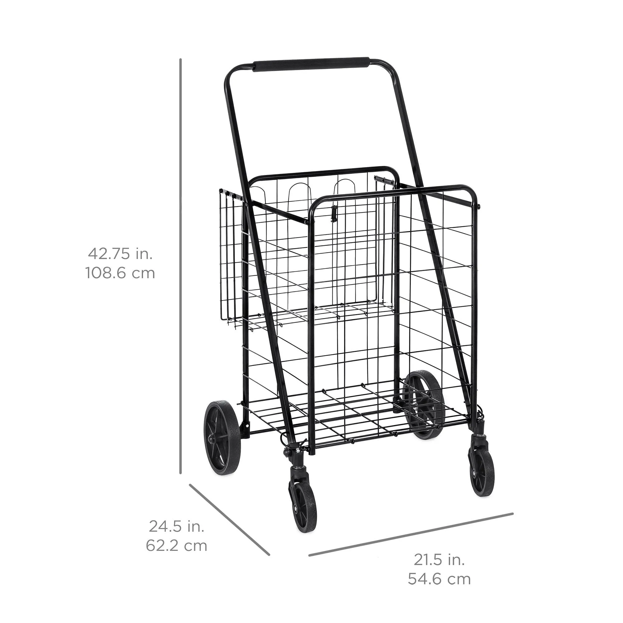 Folding Steel Storage Utility Shopping Cart w/ Bonus Basket, Swivel Wheels