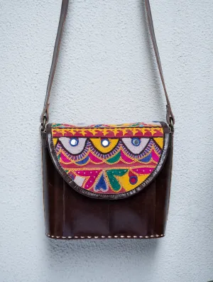 Handcrafted Jawaja Leather Sling Bag with Embroidered Detail