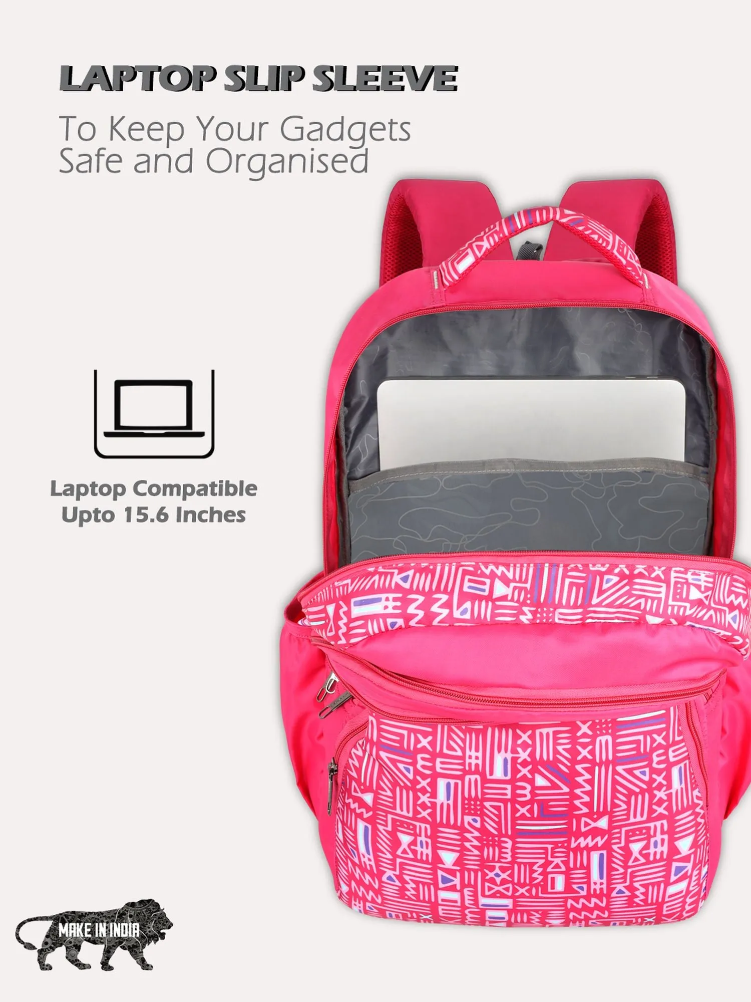 Lavie Sport Tribe 39L Printed School Backpack with Rain cover for Girls Magenta