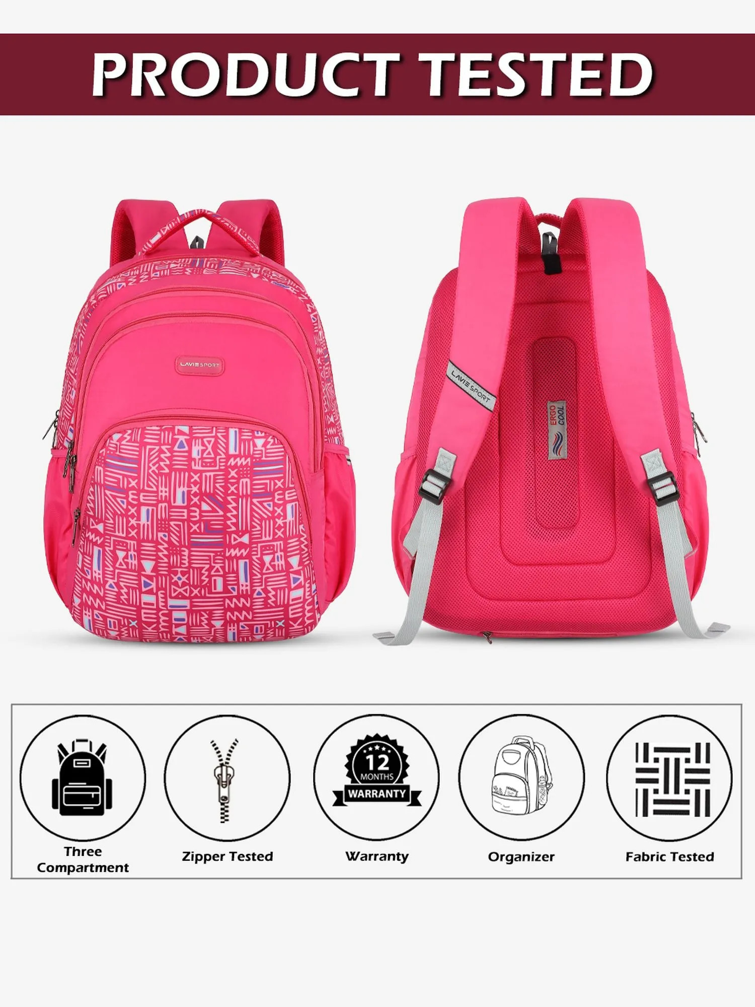 Lavie Sport Tribe 39L Printed School Backpack with Rain cover for Girls Magenta