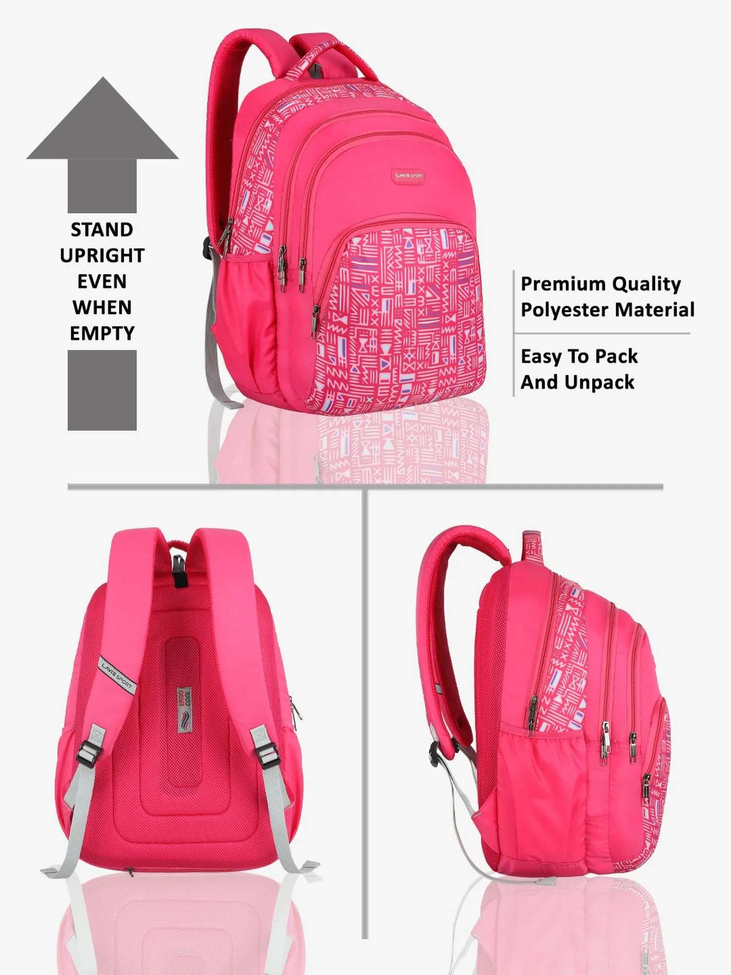 Lavie Sport Tribe 39L Printed School Backpack with Rain cover for Girls Magenta