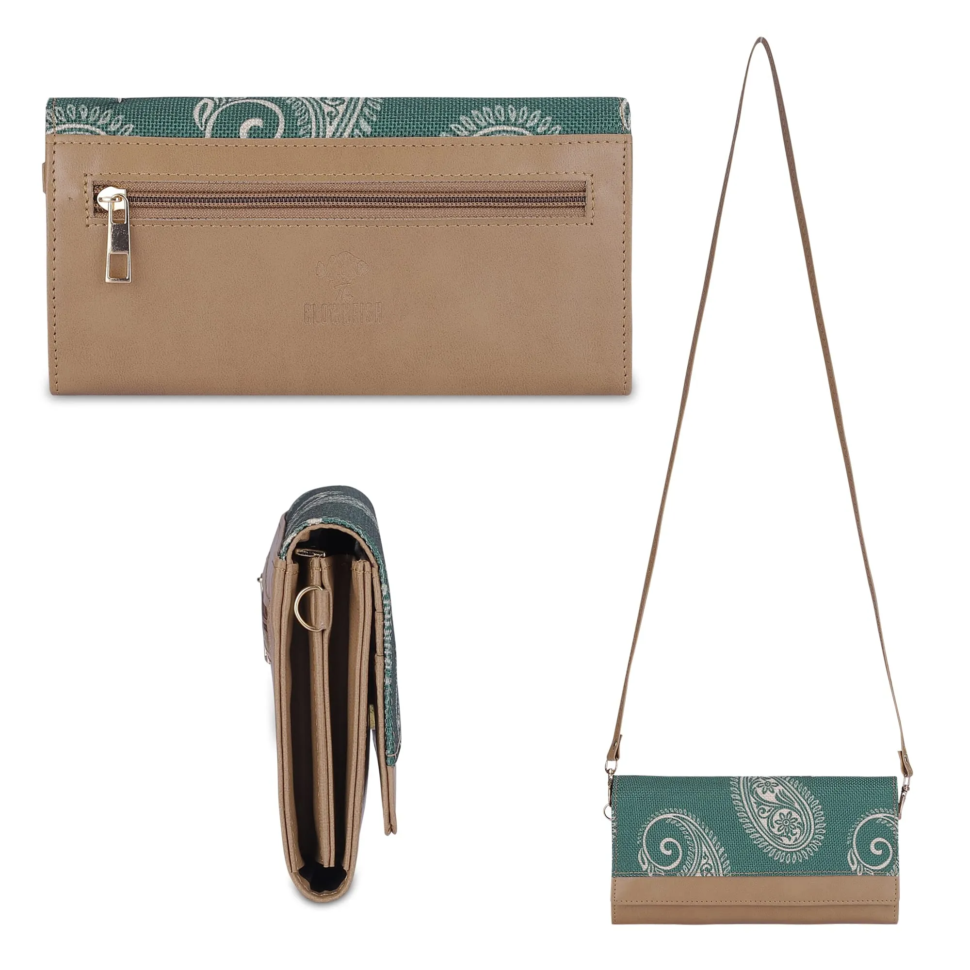 THE CLOWNFISH Erika Printed Handicraft Fabric & Vegan Leather Ladies Wallet Purse Sling Bag with Multiple Card Slots & Shoulder Belt (Fern Green)