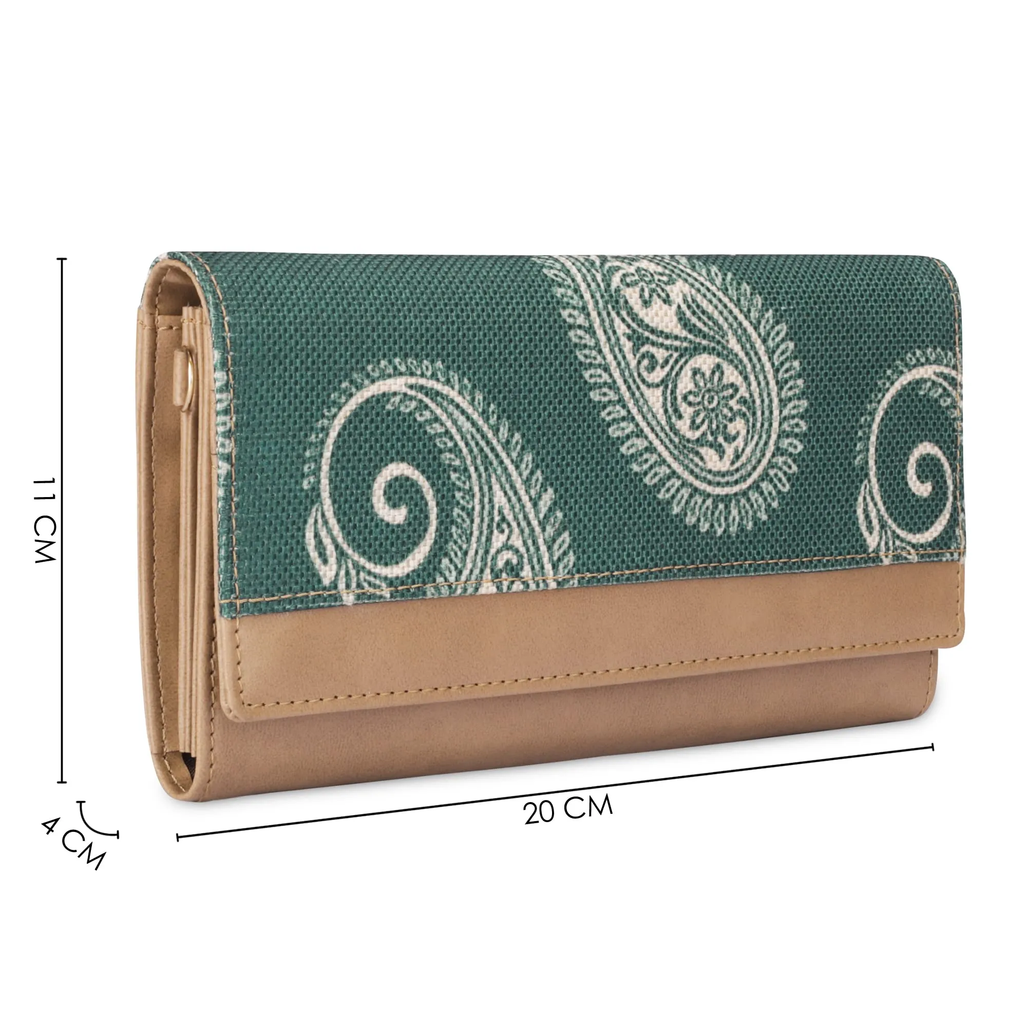 THE CLOWNFISH Erika Printed Handicraft Fabric & Vegan Leather Ladies Wallet Purse Sling Bag with Multiple Card Slots & Shoulder Belt (Fern Green)