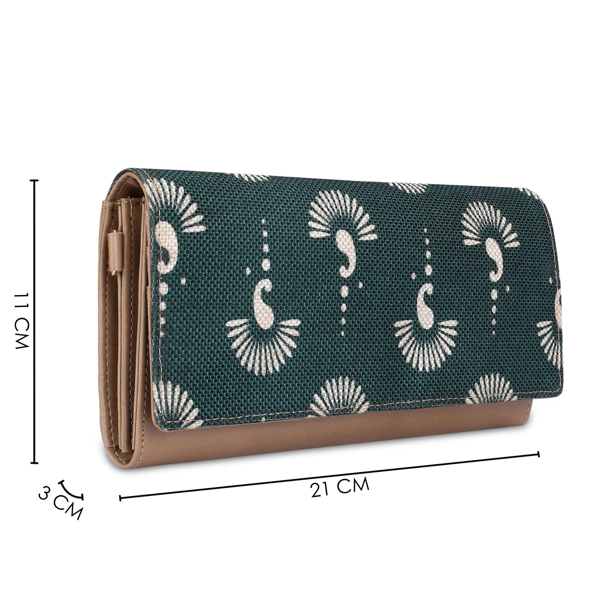 THE CLOWNFISH Jolene Printed Handicraft Fabric & Vegan Leather Ladies Wallet Purse Sling Bag with Multiple Card Slots & Shoulder Belt (Bottle Green)