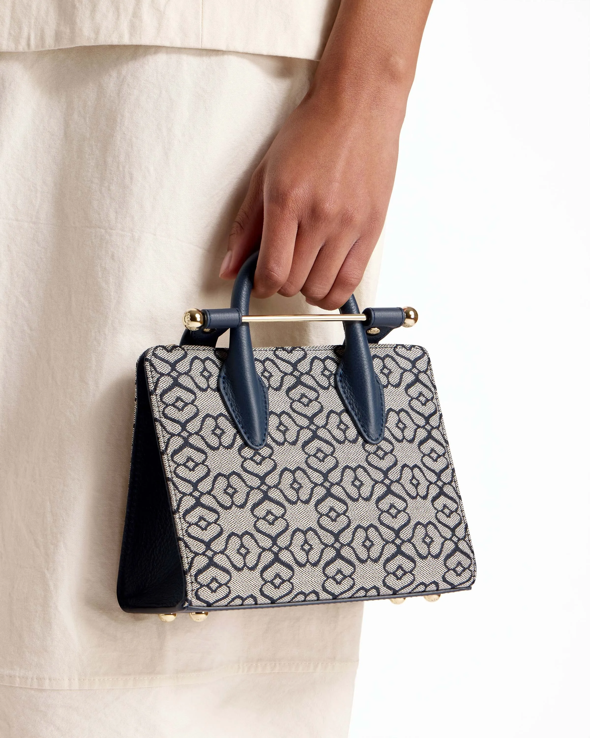 The Strathberry Nano Tote - Monogram Jacquard/Leather Light Navy