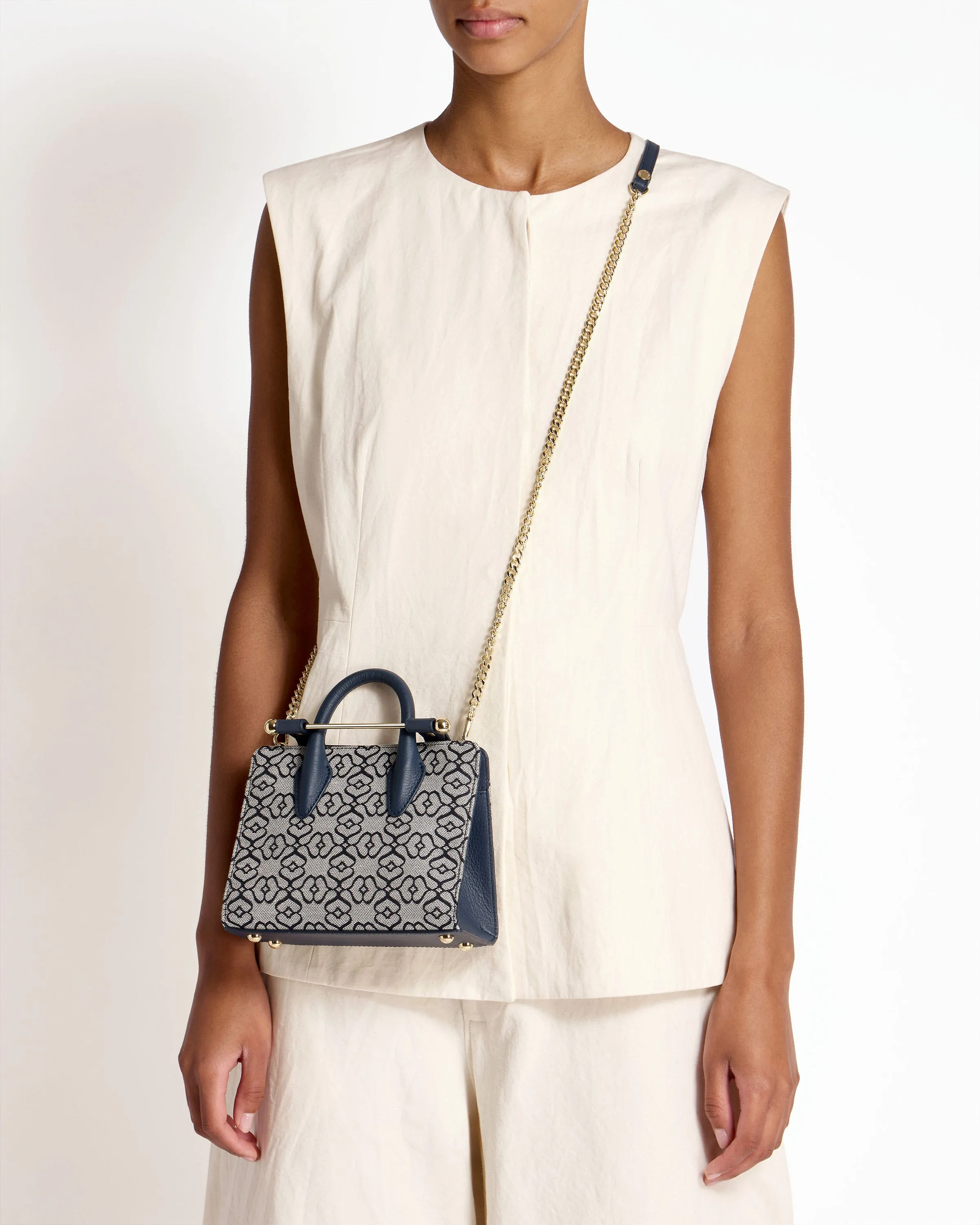 The Strathberry Nano Tote - Monogram Jacquard/Leather Light Navy