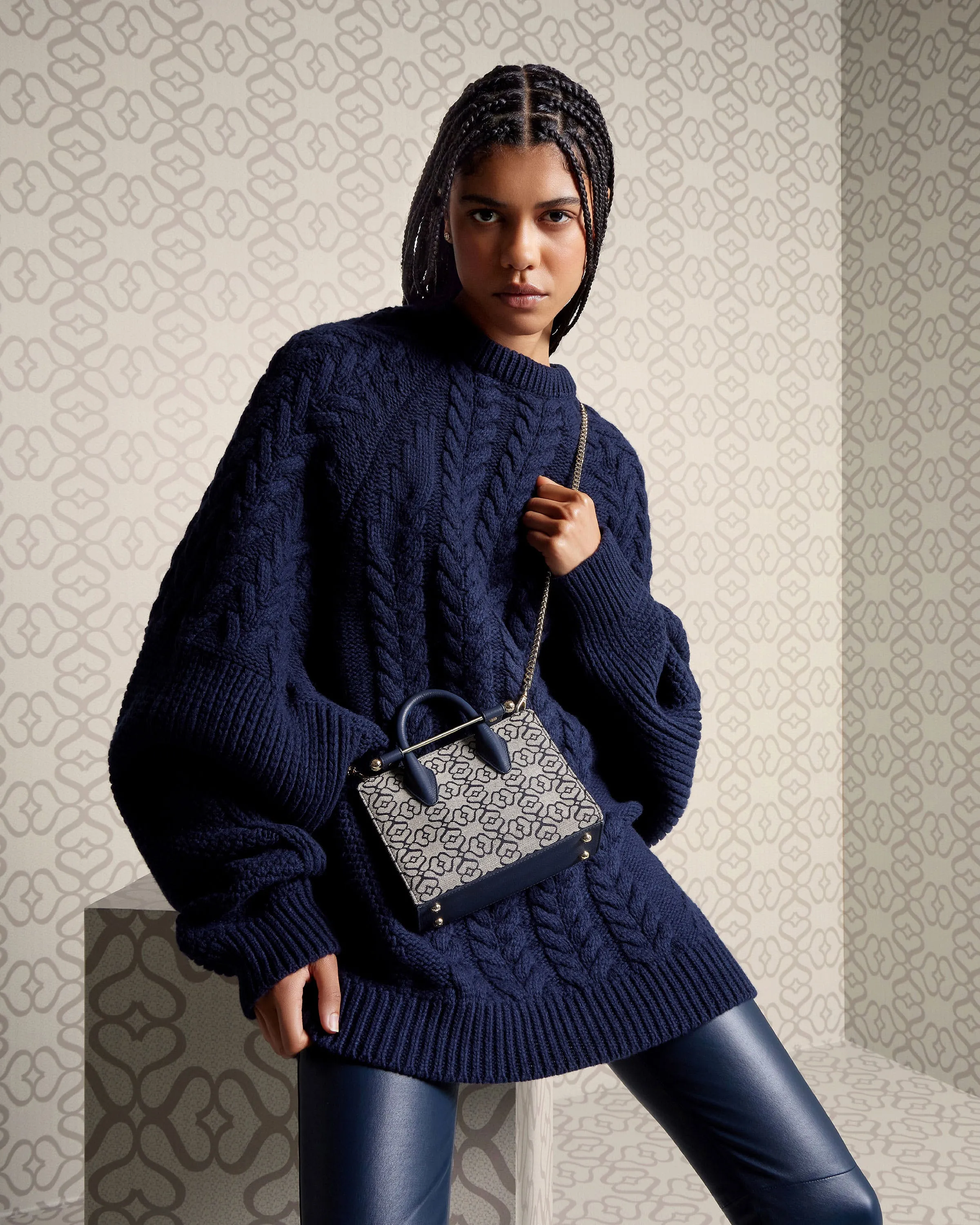 The Strathberry Nano Tote - Monogram Jacquard/Leather Light Navy