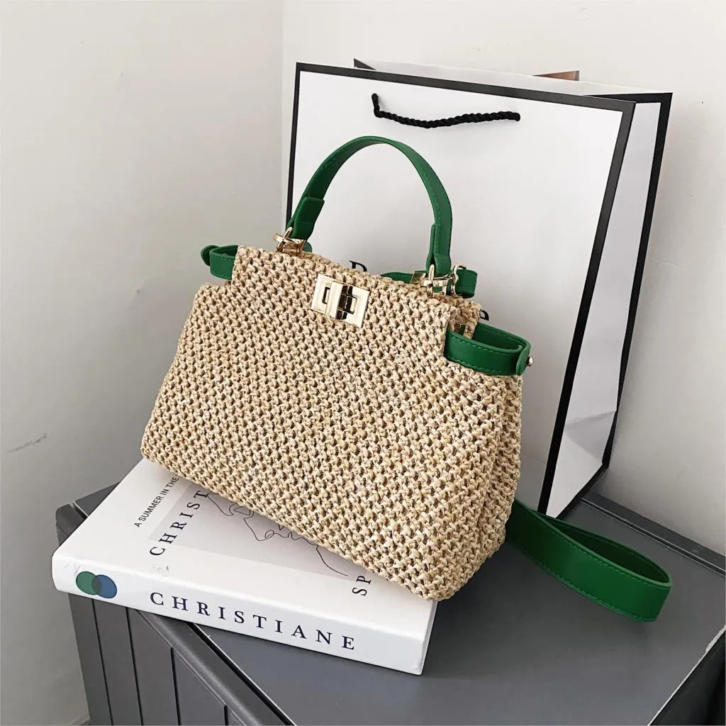 Weave Square Straw Shoulder Tote Travel Bags For Women