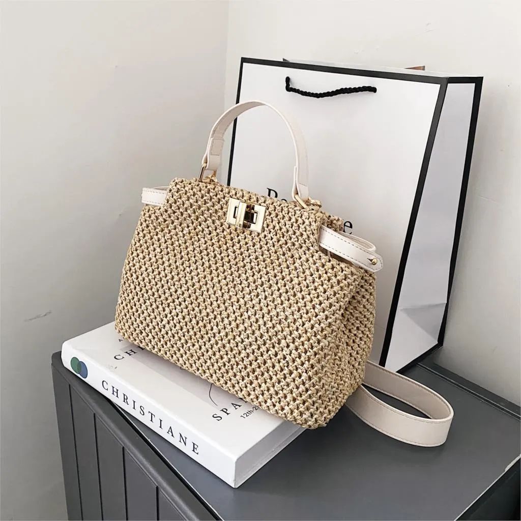 Weave Square Straw Shoulder Tote Travel Bags For Women