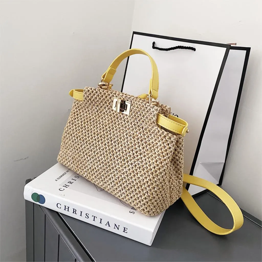 Weave Square Straw Shoulder Tote Travel Bags For Women